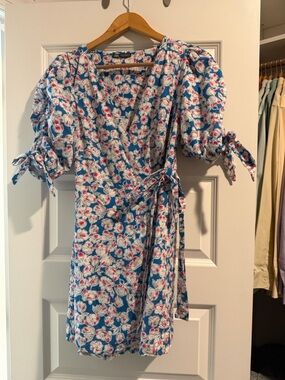 Zara Blue Floral Tie-Waist Mini Dress